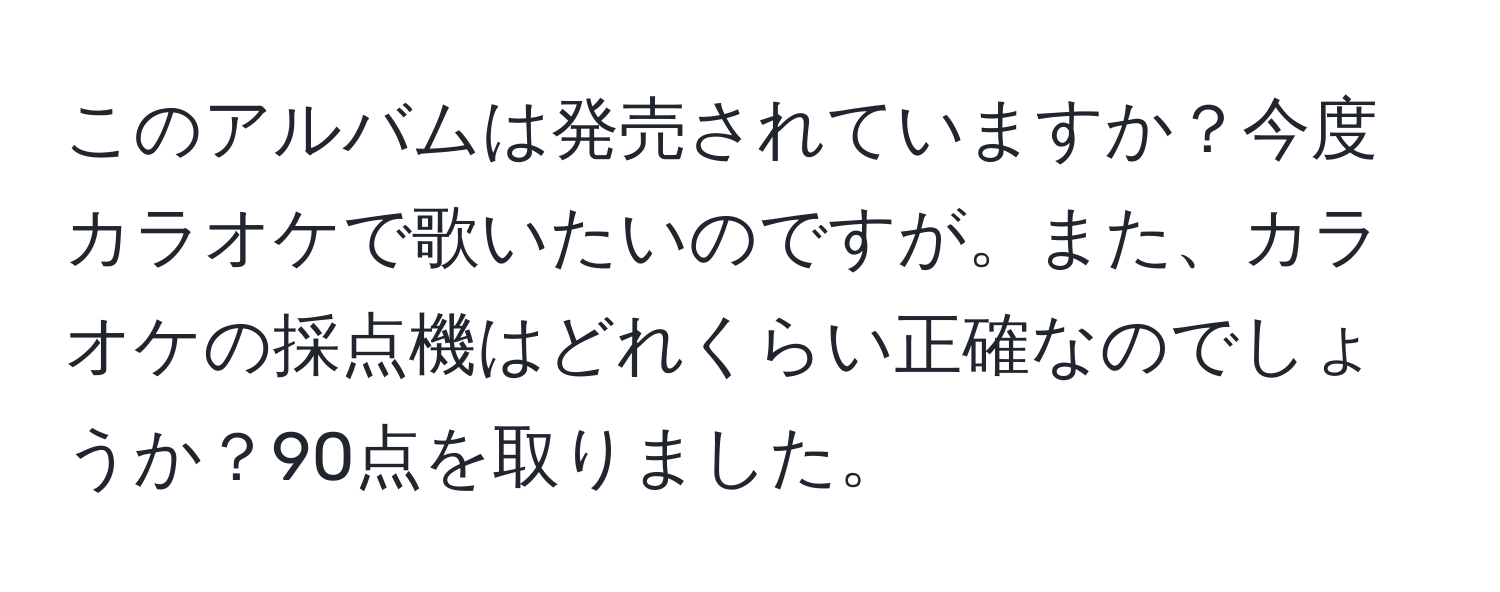 このアルバムは発売されていますか？今度カラオケで歌いたいのですが。また、カラオケの採点機はどれくらい正確なのでしょうか？90点を取りました。