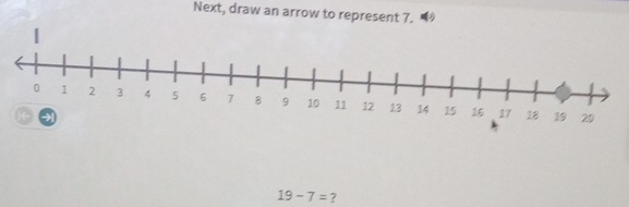 Next, draw an arrow to represent 7. 
|
19-7= ?