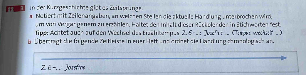 mae In der Kurzgeschichte gibt es Zeitsprünge. 
a Notiert mit Zeilenangaben, an welchen Stellen die aktuelle Handlung unterbrochen wird, 
um von Vergangenem zu erzählen. Haltet den Inhalt dieser Rückblenden in Stichworten fest. 
Tipp: Achtet auch auf den Wechsel des Erzähltempus. Z. 6 -...: Josefine ... (Tempus wechself ...) 
b Übertragt die folgende Zeitleiste in euer Heft und ordnet die Handlung chronologisch an. 
Z. 6 -...: Josefine ...