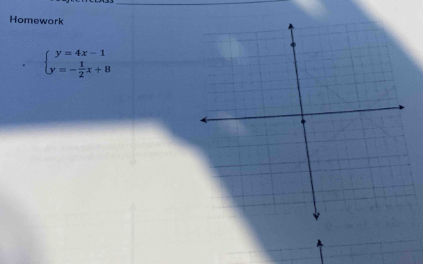 Homework
beginarrayl y=4x-1 y=- 1/2 x+8endarray.