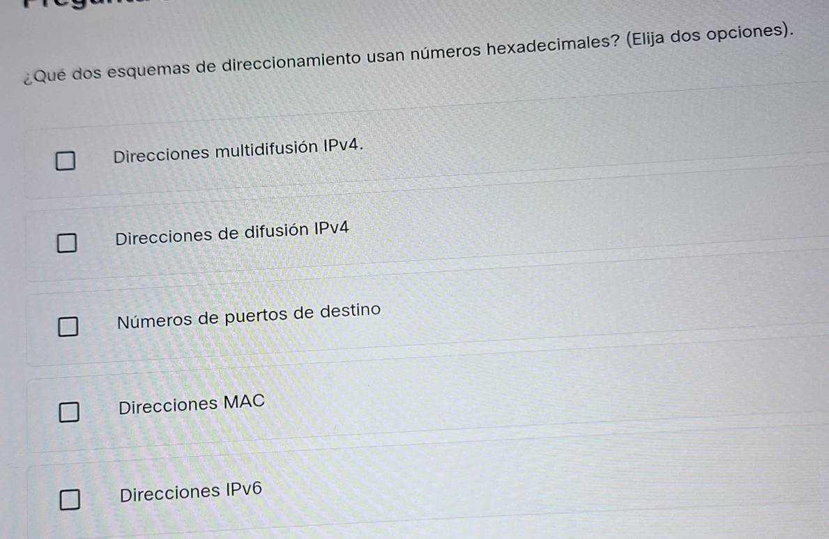 ¿Qué dos esquemas de direccionamiento usan números hexadecimales? (Elija dos opciones).
Direcciones multidifusión IPv4.
Direcciones de difusión IPv4
Números de puertos de destino
Direcciones MAC
Direcciones IPv6