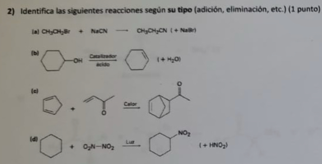 Identifica las siguientes reacciones según su tipo (adición, eliminación, etc.) (1 punto) 
(a) CH_3CH_2Br+NaCNto CH_3CH_2CN(+NaBr)
(b) bigcirc -oH Cusin ader/addo  bigcirc (+H_2O)
(c) 
Calor 
2+ 。
NO_2
(d) □ +O_2N-NO_2 frac Luz bigcirc □  (+HNO_2)