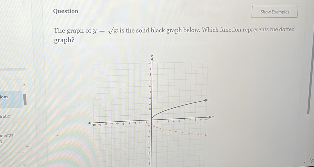 Question Show Examples 
The graph of y=sqrt(x) is the solid black graph below. Which function represents the dotted 
graph? 
ions 
Iratic 
nential 
1
-8