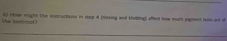 How might the instructions in step 4 (rinsing and blotting) affect how much pigment leaks out of 
the beetroot?