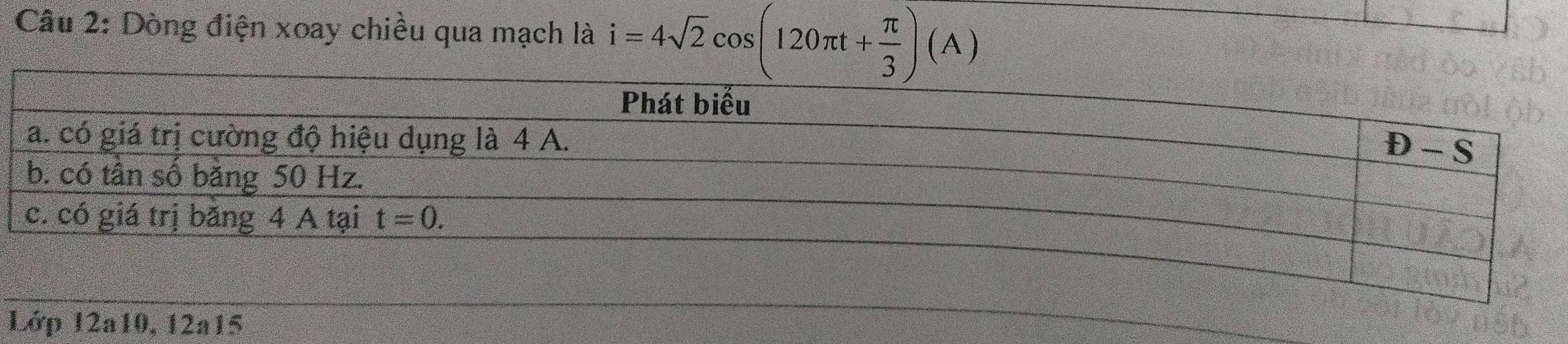 Dòng điện xoay chiều qua mạch là i=4sqrt(2)cos (120π t+ π /3 )(A)
Lớp 12a10, 12a15