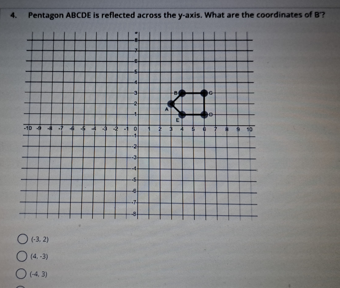 Pentagon ABCDE is reflected across the y-axis. What are the coordinates of B'?
(-3,2)
(4,-3)
(-4,3)