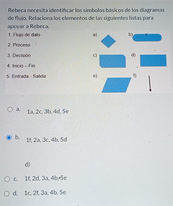 Rebeca necesita identificar los símbolos básicos de los diagramas
de flujo. Relaciona los elementos de las siguientes listas para
apoyar a Rebeca.
1. Flujo de dato a) b)
2. Proceso
3. Decisión c)d)
4. Inicio - Fin
5. Entrada - Salida e)f)
a. 1a, 2c, 3b, 4d, 5e
b. 1f, 2a, 3c, 4b, 5d
d)
c. 1f, 2d, 3a, 4b, 5e
d. 1c, 2f, 3a, 4b, 5e