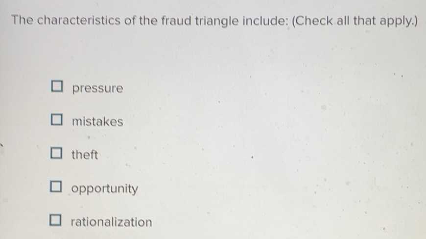 Solved: The characteristics of the fraud triangle include: (Check all ...