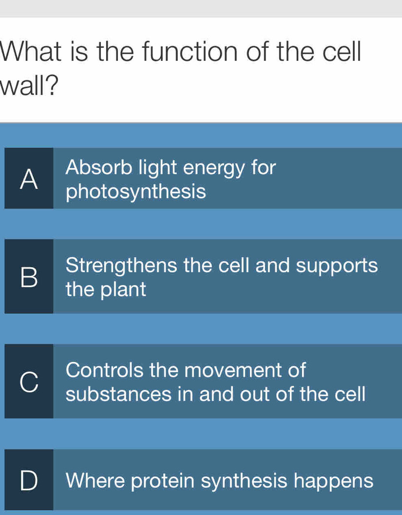 What is the function of the cell
wall?
Absorb light energy for
A photosynthesis
Strengthens the cell and supports
B the plant
Controls the movement of
C substances in and out of the cell
D Where protein synthesis happens