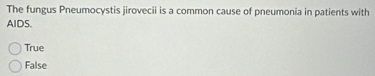 The fungus Pneumocystis jirovecii is a common cause of pneumonia in patients with
AIDS.
True
False