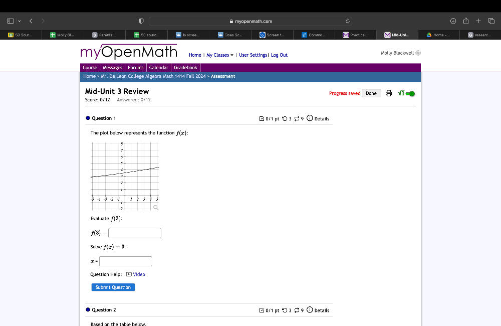 Amyopenmath.com 
50 Sour.. Molly BI... Parants'.. 50 soure. Is sonee. Does So. Screen t. Commo... M Practice. M Mld-Un.._ △ Home -... researd. 
myOpenMath Home | My Classes ▼ 〖 User Settings| Log Out Molly Blackwell 
Course Messages Forums Calendar Gradebook 
Home > Mr. De Leon College Algebra Math 1414 Fall 2024 > Assessment 
Mid-Unit 3 Review Progress saved Done sqrt(0) 
Score: 0/12 Answered: 0/12 
Question 1 □ 0/1 pt >3 9 Details 
The plot below represents the function f(x) : 
Evaluate f(3) :
f(3)=□
Solve f(x)=3 :
x=□
Question Help: Video 
Submit Question 
Question 2 □ 0/1 pt つ3 Details 
Based on the table below