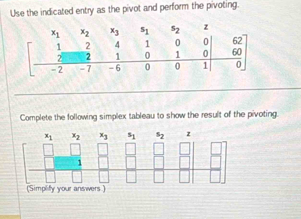 Use the indicated entry as the pivot and perform the pivoting.
Complete the following simplex tableau to show the result of the pivoting.