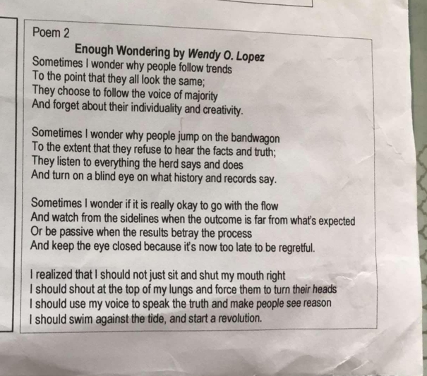 Solved: Poem 2 Enough Wondering by Wendy O. Lopez Sometimes I wonder ...