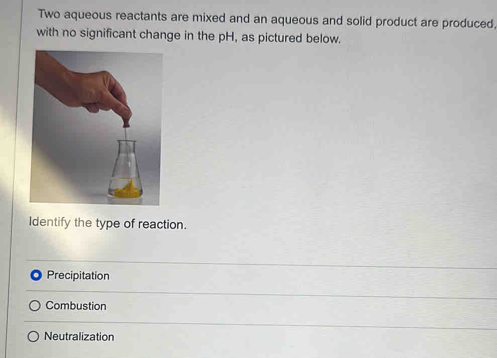 Two aqueous reactants are mixed and an aqueous and solid product are produced,
with no significant change in the pH, as pictured below.
Identify the type of reaction.
Precipitation
Combustion
Neutralization