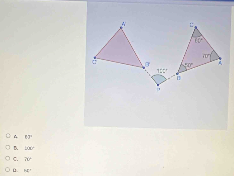 A. 60°
B. 100°
C. 70°
D. 50°