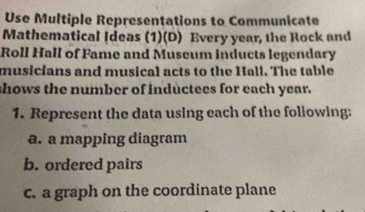 Use Multiple Representations to Communicate 
Mathematical [deas (1)(D) Every year, the Rock and 
Roll Hall of Fame and Museum inducts legendary 
musicians and musical acts to the Hall. The table 
shows the number of inductees for each year. 
1. Represent the data using each of the following: 
a. a mapping diagram 
b. ordered pairs 
c. a graph on the coordinate plane