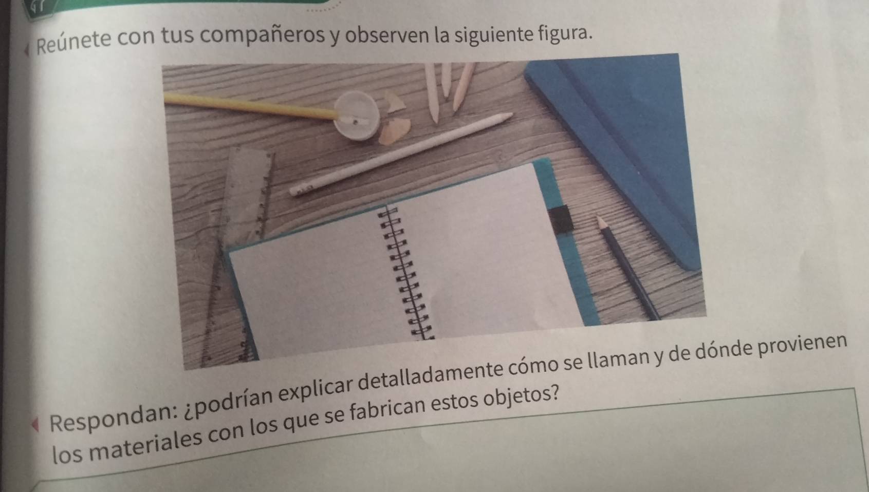 Reúnete con tus compañeros y observen la siguiente figura. 
* Respondan: ¿podrían explicar detalladae provienen 
los materiales con los que se fabrican estos objetos?