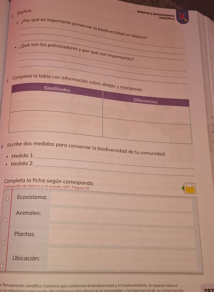 Explica. 
Saberes y pensamiento científico 
_ 
_ 
¿Por qué es importante preservar la biodiversidad en México? 
_ 
_¿Qué son los polinizadores y por qué son importantes? 
_ 
Completa la tabla con infor 
4a biodiversidad de tu comunidad. 
Medida 1: 
Medida 2:_ 
_ 
Completa la ficha según corresponda. 
Cartografía de México y el mundo, SEP. Página: 97. 
Ecosistema: 
Animales: 
Plantas: 
Ubicación: 
o: Pensamiento científico. Factores que conforman la biodiversidad y el medioambiente, la riqueza natural 
Y su relevancia como parte del patrimonio biocultural de la humanidad, y la importancia de su conservación 197