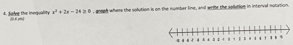 Solve the inequality x^2+2x-24≥ 0 , groph where the solution is on the number line, and write the solution in interval notation. 
(0.6 pts)