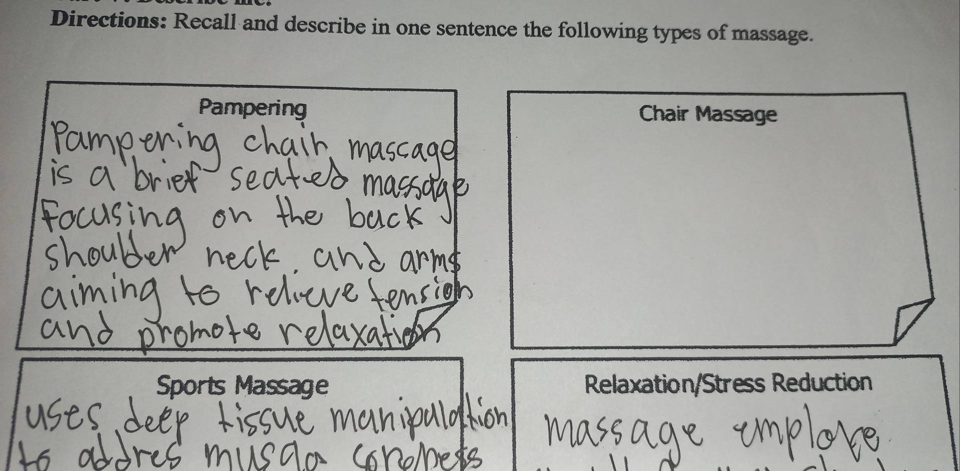 Directions: Recall and describe in one sentence the following types of massage. 
Pampering 
Sports Massage Relaxation/Stress Reduction