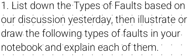 List down the Types of Faults based on 
our discussion yesterday, then illustrate or 
draw the following types of faults in your 
notebook and explain each of them.