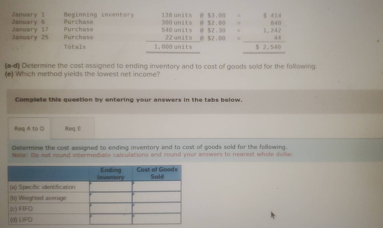 January 1 Beginning inventory
January 6 Purchase
January 17 Purchase .
January 25 Purchase ` $2.30=beginarrayr 1,242 44 hline 52,540endarray
Totals
beginarrayr 13810115 30000115 54010115 2240115 hline 1,00010115endarray $3.00=$414 $2.80=840endarray
(a-d) Determine the cost assigned to ending inventory and to cost of goods sold for the following.
(e) Which method yields the lowest net income?
Complete this question by entering your answers in the tabs below.
Req A to D Req E
Determine the cost assigned to ending inventory and to cost of goods sold for the following.
Note: Do not round intermediate calculations and round your answers to nearest whole dollar.
