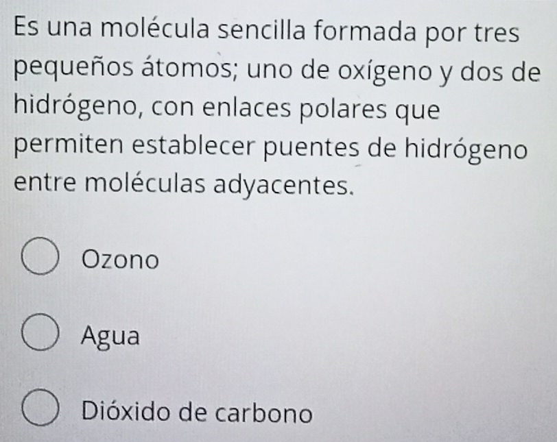 Es una molécula sencilla formada por tres
pequeños átomos; uno de oxígeno y dos de
hidrógeno, con enlaces polares que
permiten establecer puentes de hidrógeno
entre moléculas adyacentes.
Ozono
Agua
Dióxido de carbono