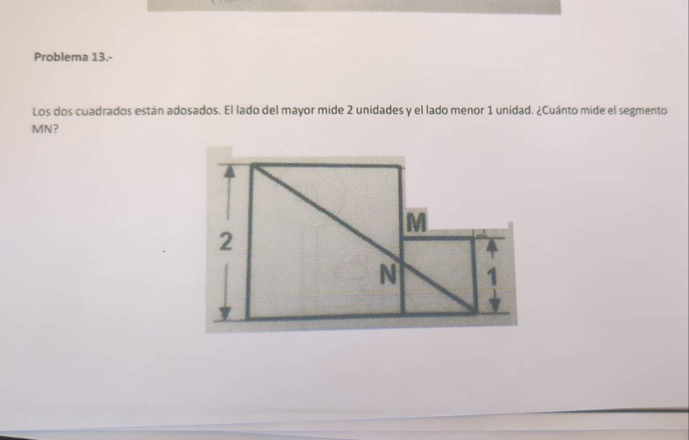 Problema 13.- 
Los dos cuadrados están adosados. El lado del mayor mide 2 unidades y el lado menor 1 unidad. ¿Cuánto mide el segmento
MN?