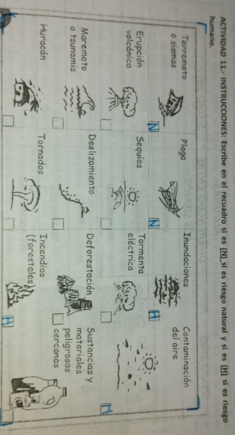 ACTIVIDAD 11.- INSTRUCCIONES: Escribe en el recuadro si es (N)_si es riesgo natural y si es (H) si es riesgo 
humano.