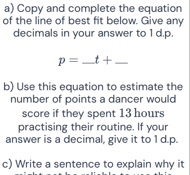 Copy and complete the equation 
of the line of best fit below. Give any 
decimals in your answer to 1 d.p.
p= _ t+ _ 
b) Use this equation to estimate the 
number of points a dancer would 
score if they spent 13 hours
practising their routine. If your 
answer is a decimal, give it to 1 d.p. 
c) Write a sentence to explain why it