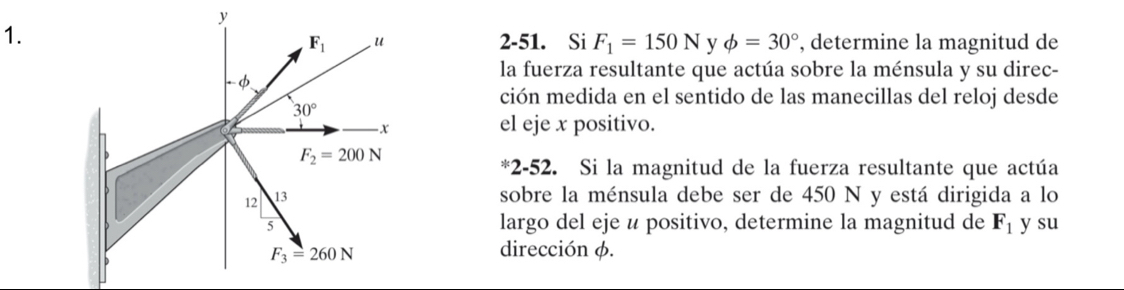 F_1 u 2-51. Si F_1=150N y phi =30° , determine la magnitud de 
-φ 
la fuerza resultante que actúa sobre la ménsula y su direc-
30°
ción medida en el sentido de las manecillas del reloj desde
x
el eje x positivo.
F_2=200N
*2-52. Si la magnitud de la fuerza resultante que actúa 
12 13 sobre la ménsula debe ser de 450 N y está dirigida a lo
5 largo del eje u positivo, determine la magnitud de F_1 y su
F_3=260N
dirección φ.