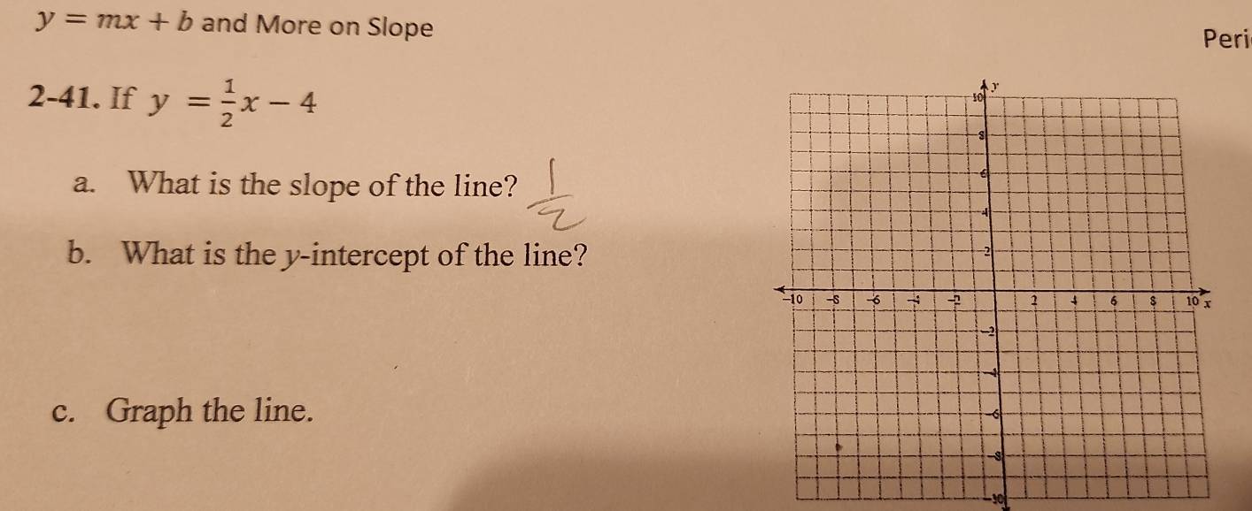 y=mx+b and More on Slope Peri
2-41. If y= 1/2 x-4
a. What is the slope of the line?
b. What is the y-intercept of the line?
c. Graph the line.