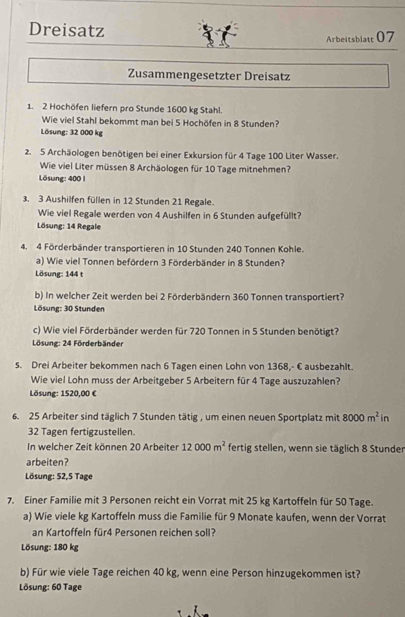 Dreisatz
Arbeitsblatt 07
Zusammengesetzter Dreisatz
1. 2 Hochöfen liefern pro Stunde 1600 kg Stahl.
Wie viel Stahl bekommt man bei 5 Hochöfen in 8 Stunden?
Lösung: 32 000 kg
2. 5 Archäologen benötigen bei einer Exkursion für 4 Tage 100 Liter Wasser.
Wie viel Liter müssen 8 Archäologen für 10 Tage mitnehmen?
Lösung: 400 I
3. 3 Aushilfen füllen in 12 Stunden 21 Regale.
Wie viel Regale werden von 4 Aushilfen in 6 Stunden aufgefüllt?
Lösung: 14 Regale
4. 4 Förderbänder transportieren in 10 Stunden 240 Tonnen Kohle.
a) Wie viel Tonnen befördern 3 Förderbänder in 8 Stunden?
Lösung: 144 t
b) In welcher Zeit werden bei 2 Förderbändern 360 Tonnen transportiert?
Lösung: 30 Stunden
c) Wie viel Förderbänder werden für 720 Tonnen in 5 Stunden benötigt?
Lösung: 24 Förderbänder
5. Drei Arbeiter bekommen nach 6 Tagen einen Lohn von 1368,- € ausbezahlt.
Wie viel Lohn muss der Arbeitgeber 5 Arbeitern für 4 Tage auszuzahlen?
Lösung: 1520,00 €
6. 25 Arbeiter sind täglich 7 Stunden tätig , um einen neuen Sportplatz mit 8000m^2in
32 Tagen fertigzustellen.
In welcher Zeit können 20 Arbeiter 12000m^2 fertig stellen, wenn sie täglich 8 Stunder
arbeiten?
Lösung: 52,5 Tage
7. Einer Familie mit 3 Personen reicht ein Vorrat mit 25 kg Kartoffeln für 50 Tage.
a) Wie viele kg Kartoffeln muss die Familie für 9 Monate kaufen, wenn der Vorrat
an Kartoffeln für4 Personen reichen soll?
Lösung: 180 kg
b) Für wie viele Tage reichen 40 kg, wenn eine Person hinzugekommen ist?
Lösung: 60 Tage