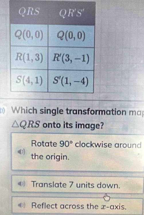 Which single transformation ma
△ QRS onto its image?
Rotate 90° clockwise around
the origin.
Translate 7 units down.
Reflect across the x-axis.