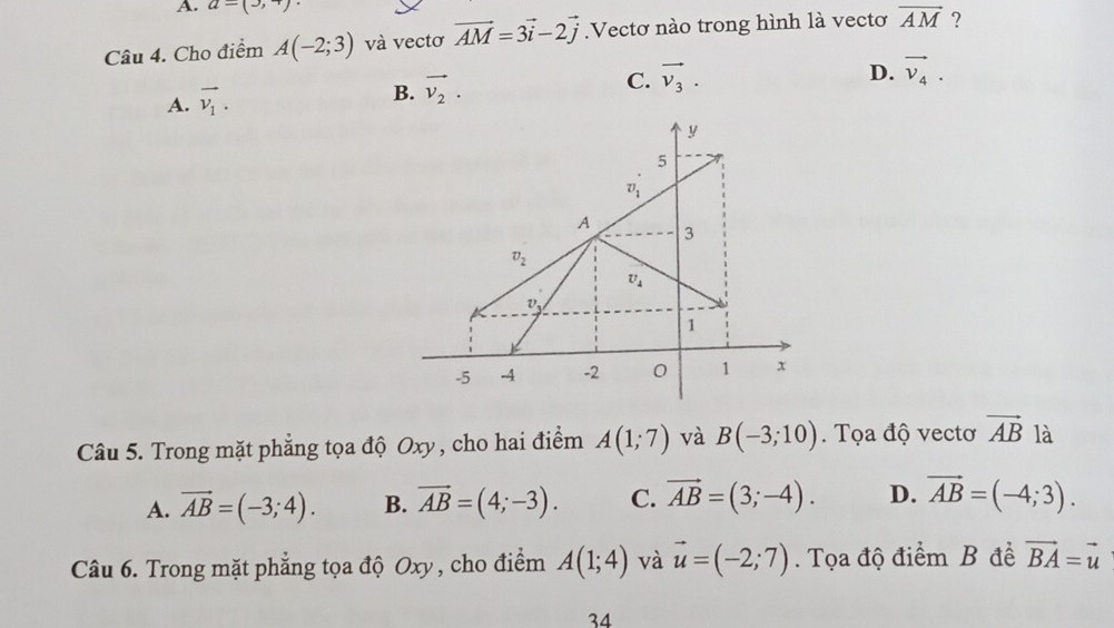 a=(3,+)
Câu 4. Cho điểm A(-2;3) và vectơ vector AM=3vector i-2vector j.Vectơ nào trong hình là vectơ vector AM ?
A. vector v_1.
B. vector v_2.
C. vector v_3.
D. vector v_4.
Câu 5. Trong mặt phẳng tọa độ Oxy , cho hai điểm A(1;7) và B(-3;10).  Tọa độ vectơ vector AB là
A. vector AB=(-3;4). B. vector AB=(4;-3). C. vector AB=(3;-4). D. vector AB=(-4;3).
Câu 6. Trong mặt phẳng tọa độ Oxy , cho điểm A(1;4) và vector u=(-2;7). Tọa độ điểm B đề vector BA=vector u
34