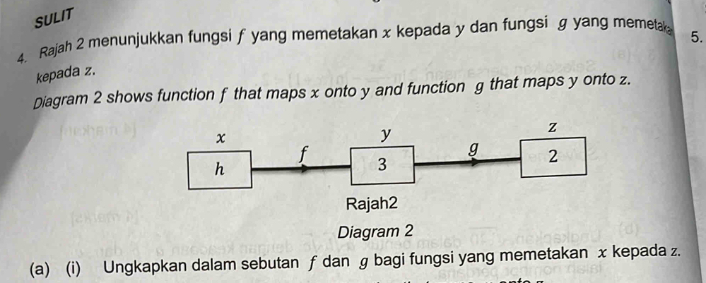 SULIT 
4. Rajah 2 menunjukkan fungsi f yang memetakan x kepada y dan fungsi g yang memetak
5. 
kepada z. 
Diagram 2 shows function f that maps x onto y and function g that maps y onto z. 
Diagram 2 
(a) (i) Ungkapkan dalam sebutan ƒ dan g bagi fungsi yang memetakan x kepada z.