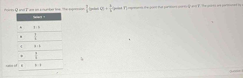 Points Q and T are on a number line. The expression  2/5  G point Q)+ 3/5  (point Z') represents the point that partitions points Q and Z'. The points are partitioned by
ratio 
Question II