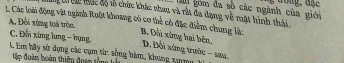 đong, đặc
: bào gồm đa số các ngành của giới
* o a ư c đ ộ tô chức khác nhau và rất đa dạng về mặt hình thái.
? . Các loài động vật ngành Ruột khoang có cơ thể có đặc điểm chung là:
A. Đối xứng toả tròn.
B. Đối xứng hai bên.
C. Đối xứng lưng - bụng.
D. Đối xứng trước - sau,
J. Em hãy sử dụng các cụm từ: sống bám, khung xương
tập đoàn hoàn thiện đoan tổng