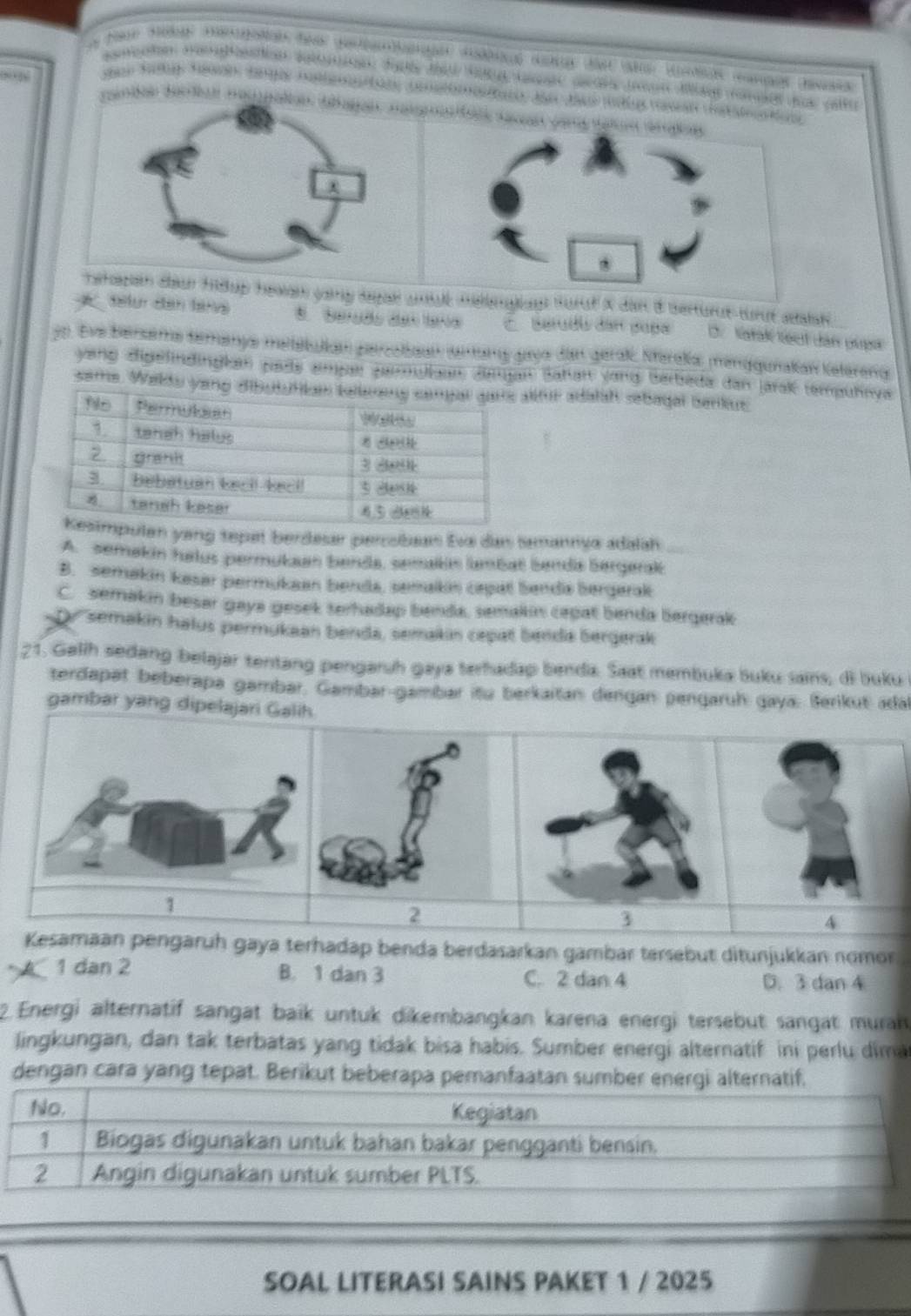 samcion tebeation a foole tad hgame aars n Mae corn qo at 
ain daur hdup hesan going legae gag turut X dan d serturut turt staian
* 18ur đân lana 5. Seraão dah lano É Serudu dan pupa D. tatak tect dan pupa
go. Eve Bersema temanye metétulan percoliaan amang gaya dan geraß, Nerela, menggunakian Kelereng
yang digefindingkan pads ampar paruliaan Jemjan Bahan vang Berbeda dan jarak tempuhnya
same. Waldu yanfur adatah sebagal benkue
yang tepet berdesar persbaan Eva dan Samannya adalah
A. semakín helus permukaan benda, semalin lambat Senda Sergerak
B. semakin kaser permukaen berda, semalkin caşat Senda Sergerak
C. semakin besar gaya gesek terhadap benda, semakin cagat benda bergerak
Dr semakin halus permukaan benda, semakis cepat benda Sergerak
21. Galih sedang belajar tentang pengaruh gaya terhadap benda. Saat membuka buku sains, di buku
terdapat beberapa gambar, Gambar-gambar itu berkaitan dengan pengarüḥ gaya. Berikut adal
gambar yang dipelajari Gali
2
3
A
Kesamaan pengaruh gaya terhadap benda berdasarkan gambar tersebut ditunjukkan nomor
1 dan 2 B. 1 dan 3 C. 2 dan 4 D. 3 dan 4
2. Energi alternatif sangat baik untuk dikembangkan karena energi tersebut sangat muran
lingkungan, dan tak terbatas yang tidak bisa habis. Sumber energi alternatif ini perlu dima
dengan cara yang tepat. Berikut beberapa pemanfaatan sumber energi alternatif.
No. Kegiatan
1 Biogas digunakan untuk bahan bakar pengganti bensin.
2 Angin digunakan untuk sumber PLTS.
SOAL LITERASI SAINS PAKET 1 / 2025