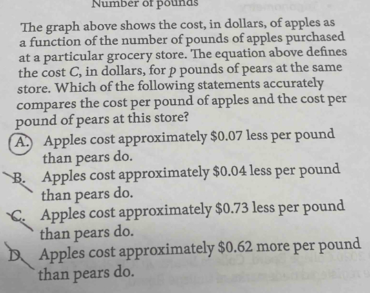 Number of pounds
The graph above shows the cost, in dollars, of apples as
a function of the number of pounds of apples purchased
at a particular grocery store. The equation above defines
the cost C, in dollars, for p pounds of pears at the same
store. Which of the following statements accurately
compares the cost per pound of apples and the cost per
pound of pears at this store?
A.) Apples cost approximately $0.07 less per pound
than pears do.
B. Apples cost approximately $0.04 less per pound
than pears do.
C. Apples cost approximately $0.73 less per pound
than pears do.
D Apples cost approximately $0.62 more per pound
than pears do.