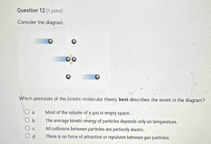 Consider the diagram
Which postulate of the kinetic-molecular theory best describes the event in the diagram?
a Most of the volume of a gas is empty space.
b The average kinetic energy of particles depends only on temperature.
C All collisions between particles are perfectly elastic.
d There is no force of attraction or repulsion between gas particles.