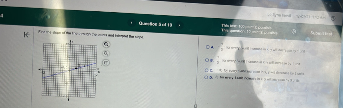 Ledjyna Inevil 12/01/23 11:42 AM
4 Question 5 of 10 This test: 100 point(s) possible
This question: 10 point(s) possible Submit test
Find the slope of the line through the points and interpret the slope.
A. - 1/3 
C ; for every 3 unit increase in x, y will decrease by 1 unit
B.  1/3 ; for every 3 -unit increase in x, y will increase by 1 unit
c. -3; for every 1 -unit increase in x, y will decrease by 3 units
D. 3; for every 1 -unit increase in x, y will increase by 3 units
A