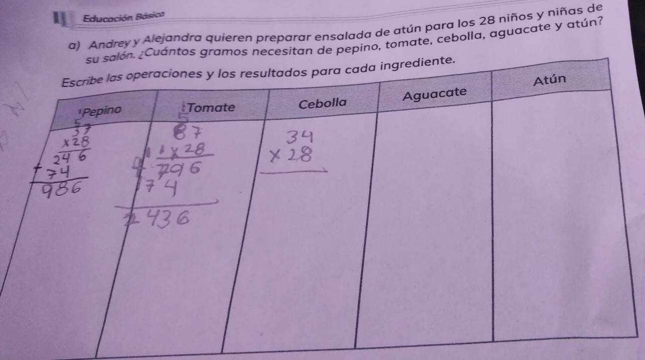 Educación Básica 
a) Andrey y Alejandra quieren preparar ensalada de atún para los 28 niños y niñas de 
de pepino, tomate, cebolla, aguacate y atún?