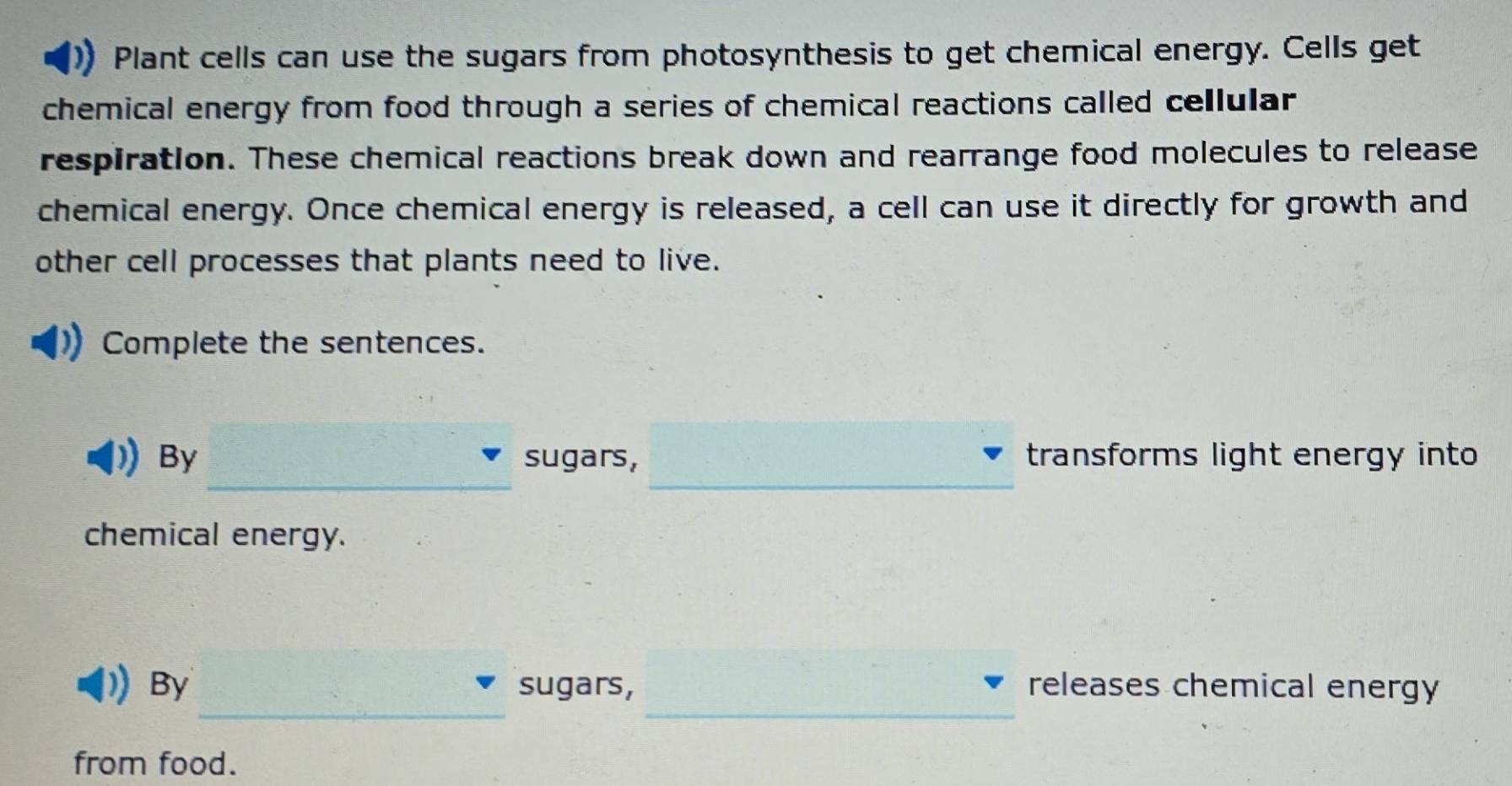 Plant cells can use the sugars from photosynthesis to get chemical energy. Cells get 
chemical energy from food through a series of chemical reactions called cellular 
respiration. These chemical reactions break down and rearrange food molecules to release 
chemical energy. Once chemical energy is released, a cell can use it directly for growth and 
other cell processes that plants need to live. 
Complete the sentences. 
__ 
By sugars, transforms light energy into 
chemical energy. 
__ 
By sugars, releases chemical energy 
from food.