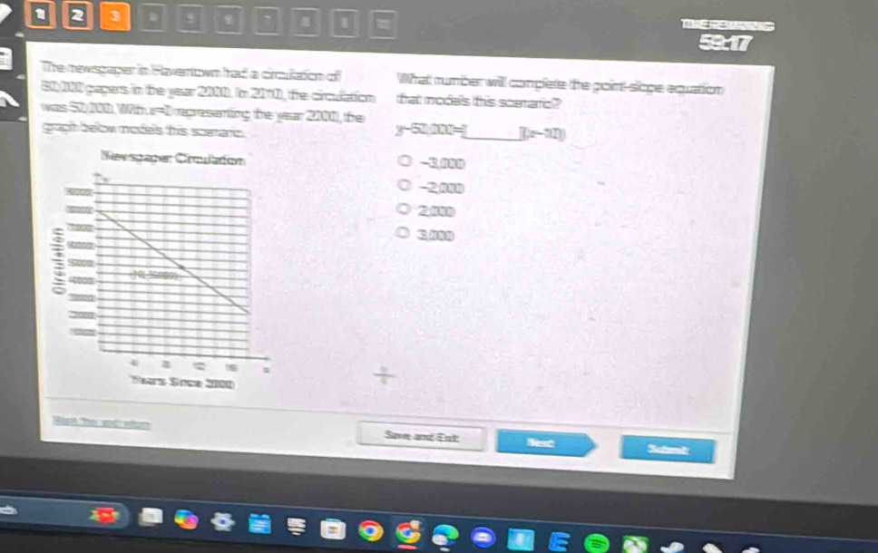 1 2 3 . 7 
T 
59.17 
The newsgager in Raverown had a crculation of What runberwill complere the poirt-siope equation
80100 gapers in the year 2000. in 2010, the crculation frat modes his scararc? 
was 50 200, Wit =0 represanting the year 2000), the 
graph below models this sceano
y-52.11t= _ B(c-an))
, 
K
2.000
Wigot 'her 1p1 wign Save and Ext Nent Sund