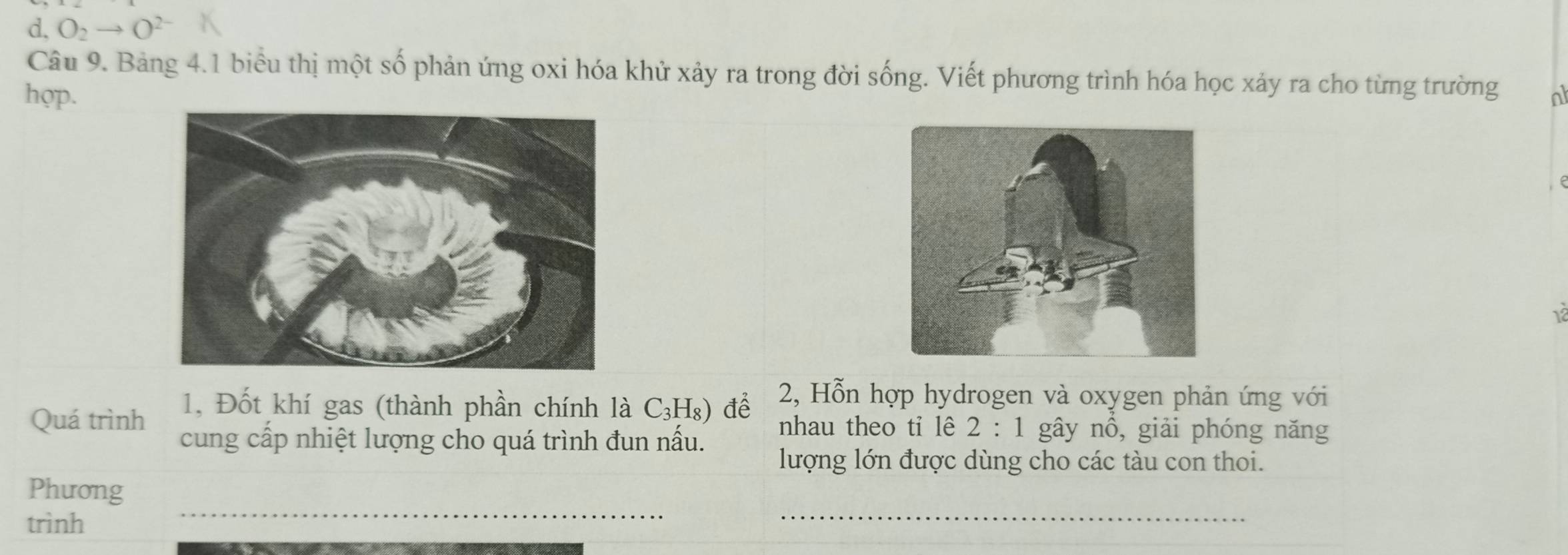 O_2to O^(2-)
Câu 9. Bảng 4.1 biểu thị một số phản ứng oxi hóa khử xảy ra trong đời sống. Viết phương trình hóa học xảy ra cho từng trường 
hop. nl 
2, Hỗn hợp hydrogen và oxygen phản ứng với 
1, Đốt khí gas (thành phần chính là C_3H_8) để nhau theo ti lê 2:1 gây nổ, giải phóng năng 
Quá trình cung cấp nhiệt lượng cho quá trình đun nấu. 
lượng lớn được dùng cho các tàu con thoi. 
_ 
_ 
Phương 
trình