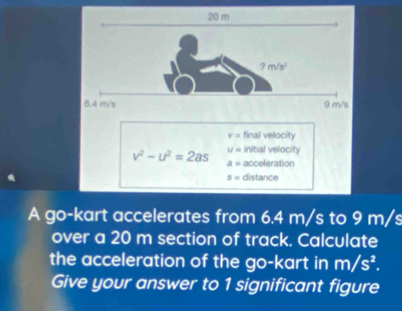 v= final velocity
v^2-u^2=2as U= initial velocity
a= acceleration
s= distance
A go-kart accelerates from 6.4 m/s to 9 m/s
over a 20 m section of track. Calculate
the acceleration of the go-kart in m/s^2.
Give your answer to 1 significant figure