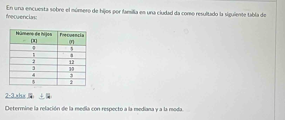 En una encuesta sobre el número de hijos por familia en una ciudad da como resultado la siguiente tabla de 
frecuencias: 
2-3.xlsx 
Determine la relación de la media con respecto a la mediana y a la moda.