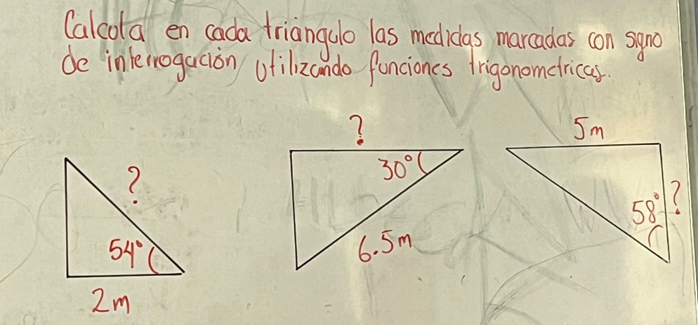 (alcota en cada frianguo las medidas marcadas con sano
de inlenogacion otilizando funciones frigonomdtricas.