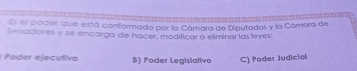 Es ell poder que está conformado por la Cámara de Diputados y la Cámara de
Senadores y se encarga de hacer, modificar o eliminar las leyes:
Poder ejecufivo B) Poder Legislativo C) Poder Judicial